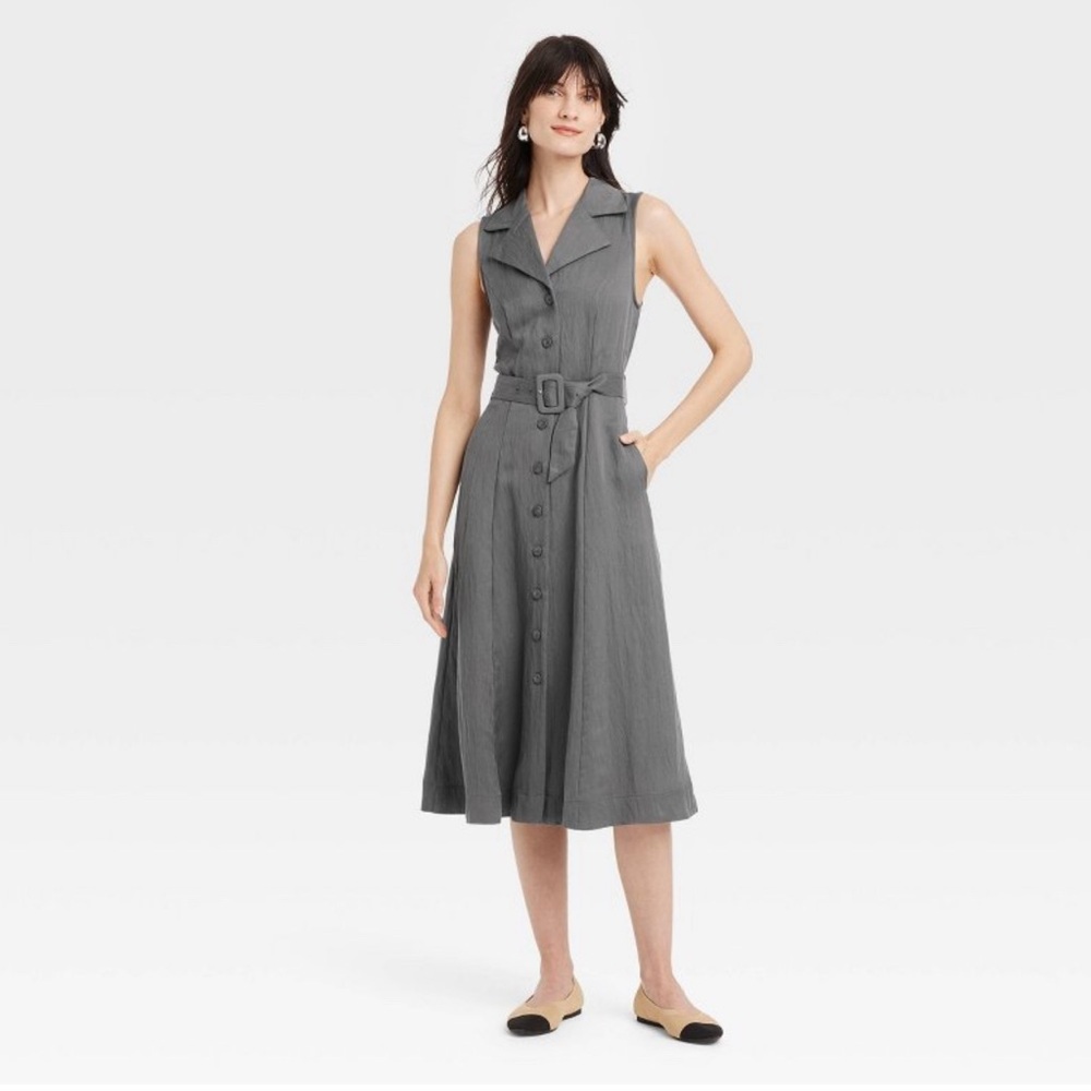 A New Day Women’s Tie-Waist Midi Collared Shirtdress Gray Size S NWT